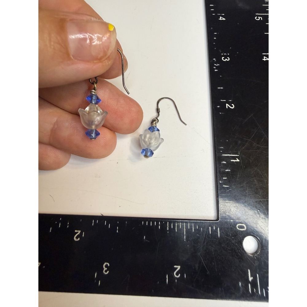 Frosted Glass Tulip Flower Drop Earrings Blue Crystal Dangle Handmade Floral